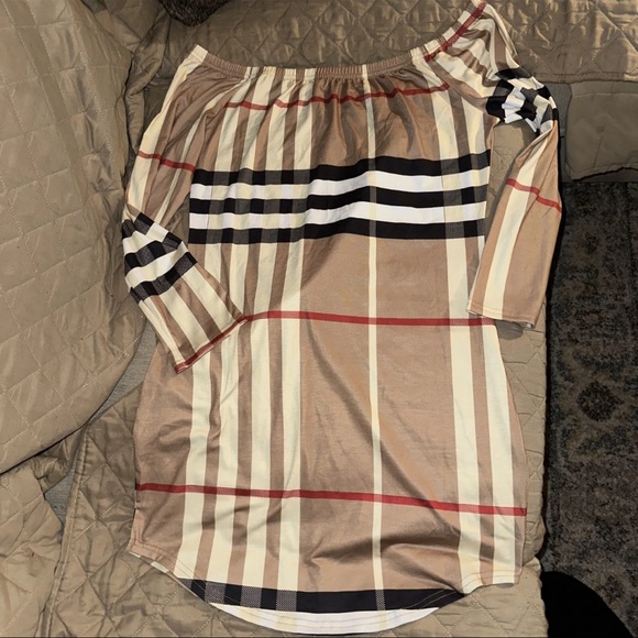 New dress tan plaid print nova bodycon off the shoulders spring Shaper midi L - Picture 3 of 5